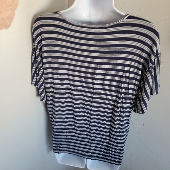 Wrangler Retro Small Navy Blue & White Striped Blouse Short Sleeve Ruffle Trim - Picture 4 of 5